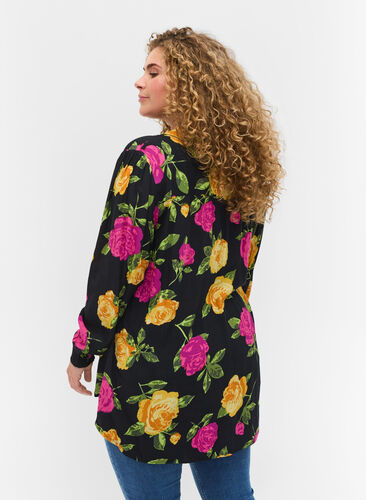 Gebloemde blouse van viscose met smokwerk, Black Flower AOP, Model image number 1