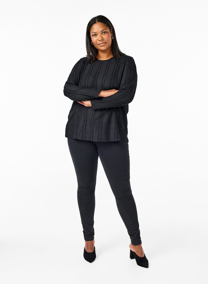 Gestructureerde lange mouw blouse, Black, Model image number 2