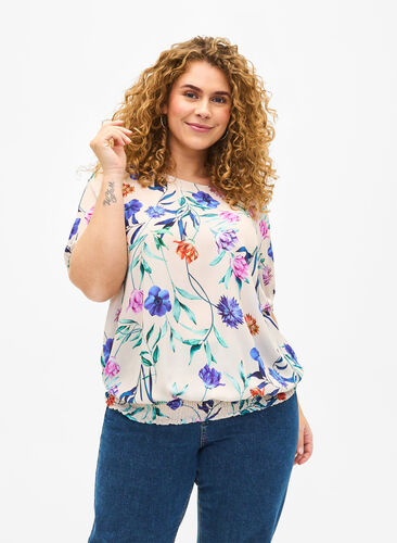 Gebloemde blouse met smokwerk, Buttercream Blue Fl., Model image number 0