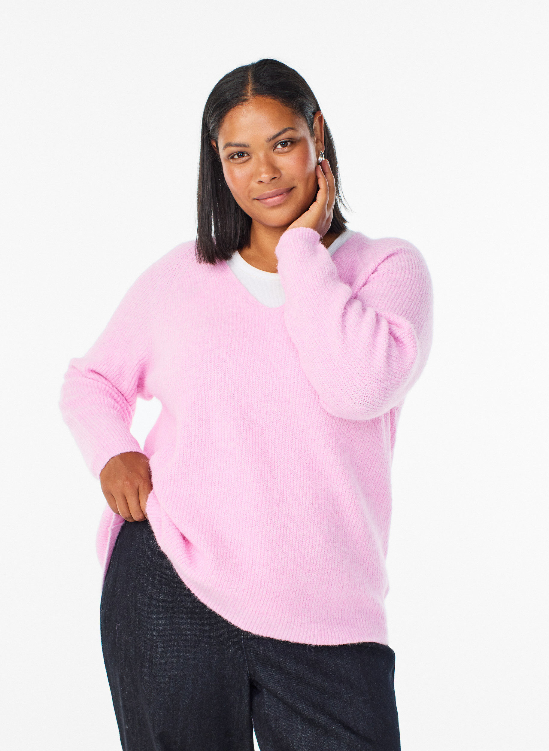ZizziBlouse en maille &agrave; col V et manches raglan, Rose, Model image number 0