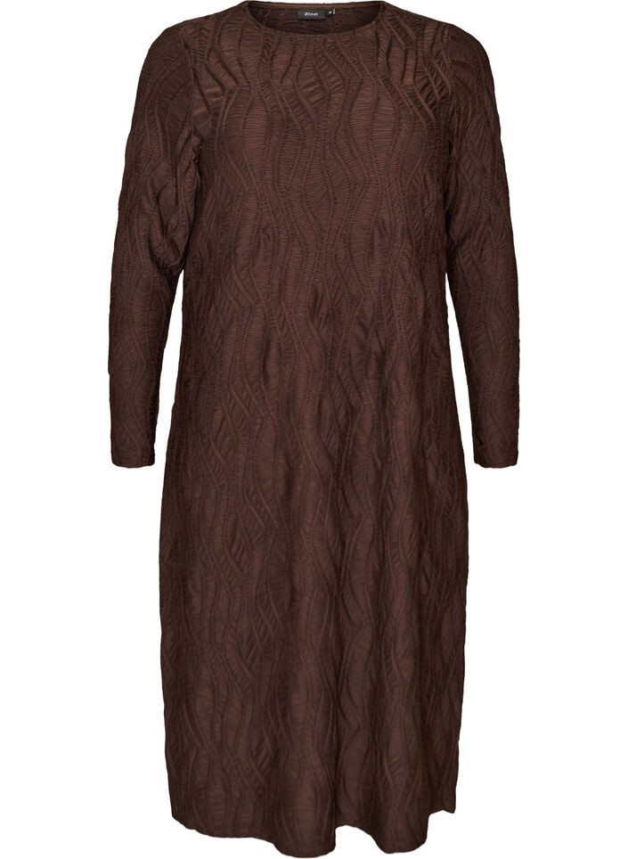 Robe midi &agrave; texture ondul&eacute;e et manches longues, Marron, Packshot image number 0