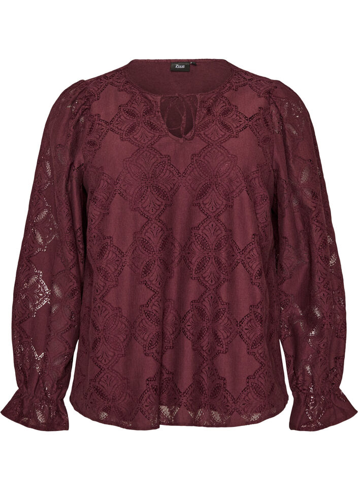 Blouse met lange mouwen met kantpatroon, Donker Bordeaux, Packshot image number 0