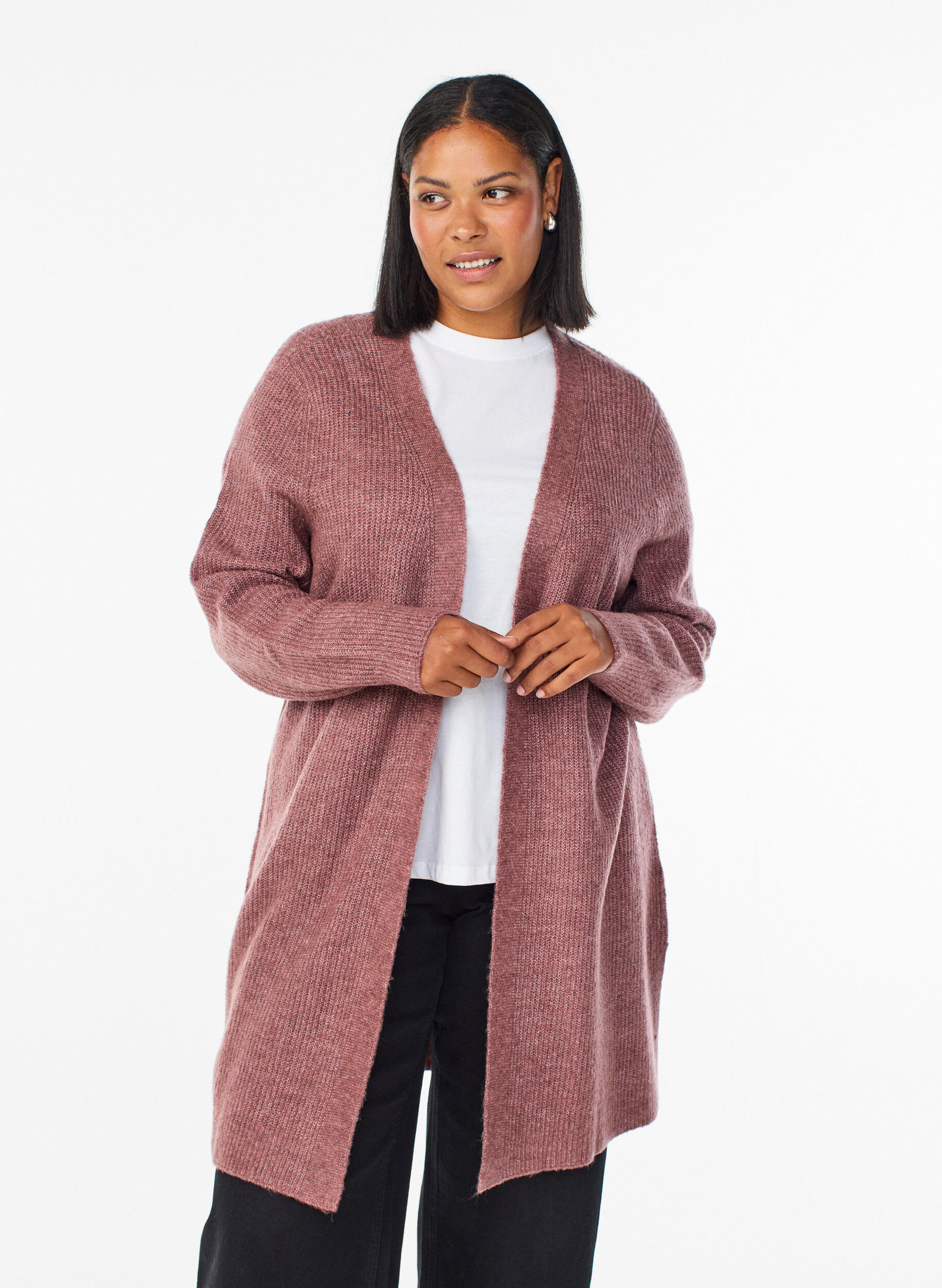 FLASH - Lange ribgebreide cardigan met open voorkant, Roze, Model