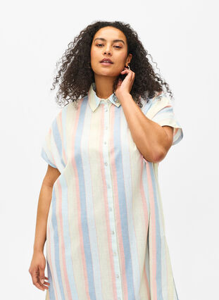 Lang shirt van katoenmix met linnen, Multi Color Stripe, Model image number 2