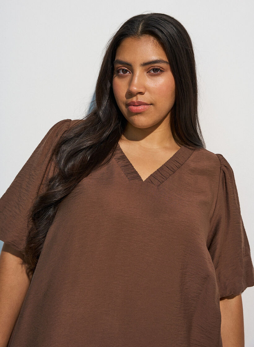 Tunic met ballonnenmouwen en een V-hals, Bruin, Model image number 3