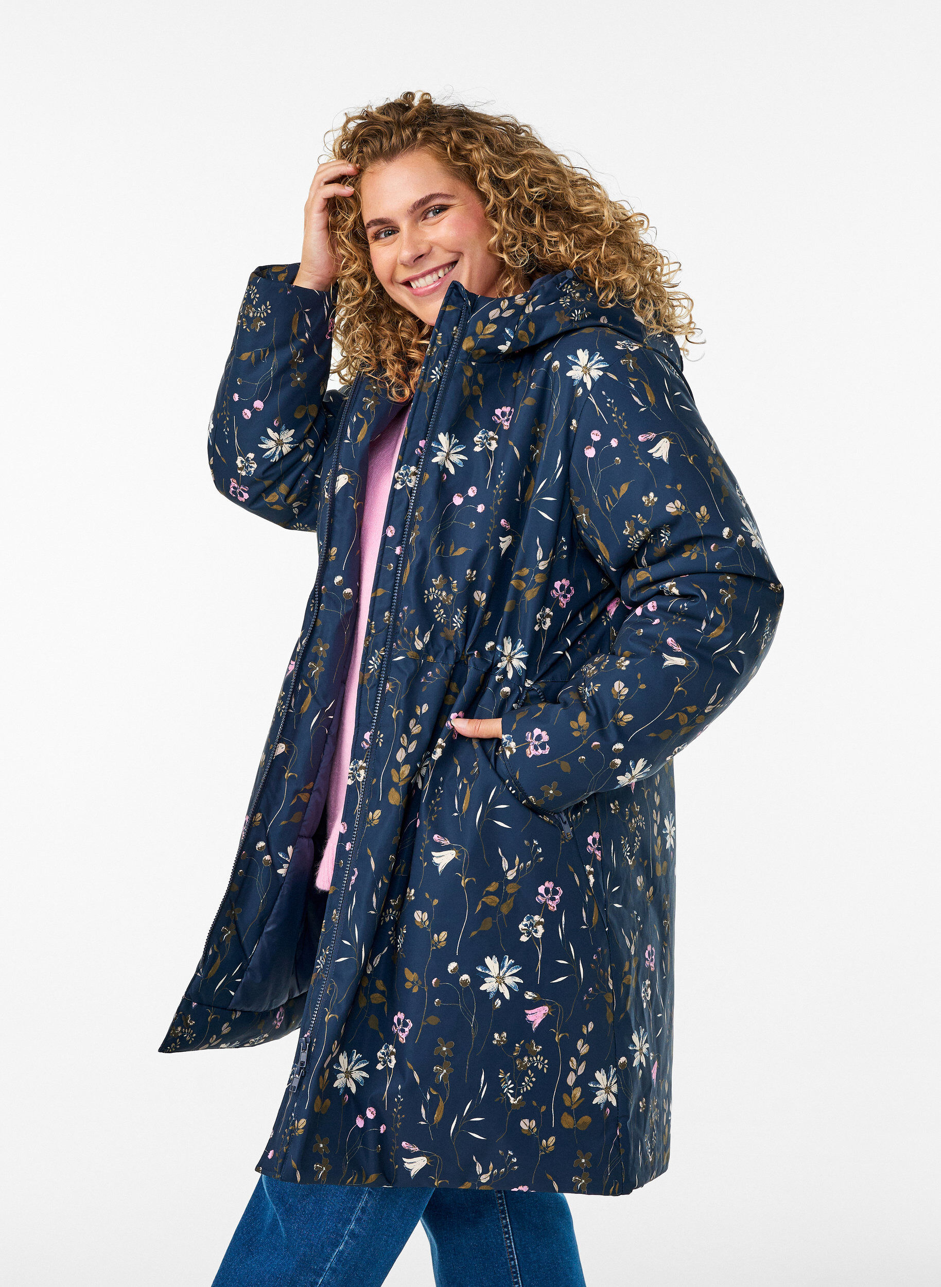 ZizziGewatteerde winterjas met bloemenprint, Blauw, Model image number 0