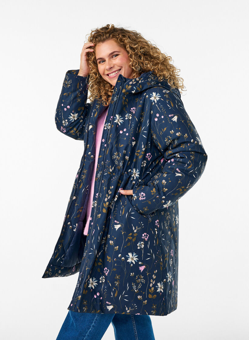 Gewatteerde winterjas met bloemenprint, Blauw, Model image number 0