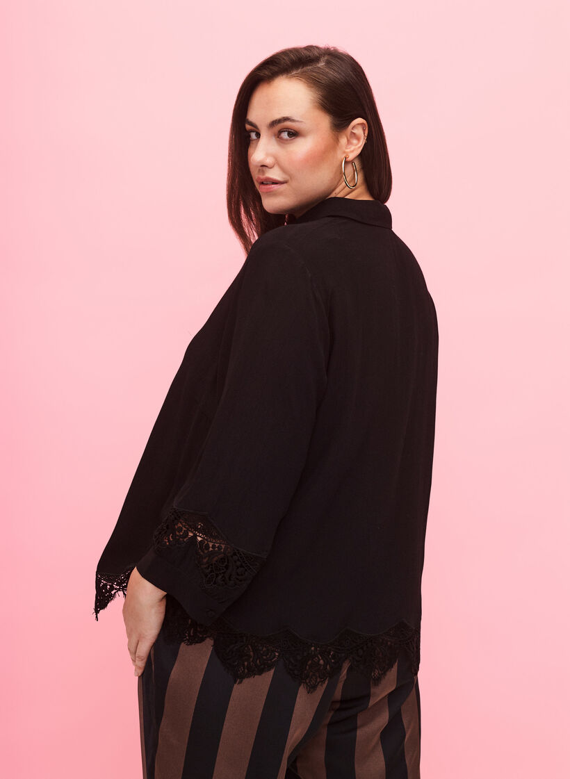 Viscose shirt met 3/4 mouwen en borduurdetails, Black, Model image number 1