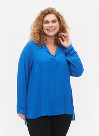 Chemise de couleur unie avec col en V, Princess Blue, Model