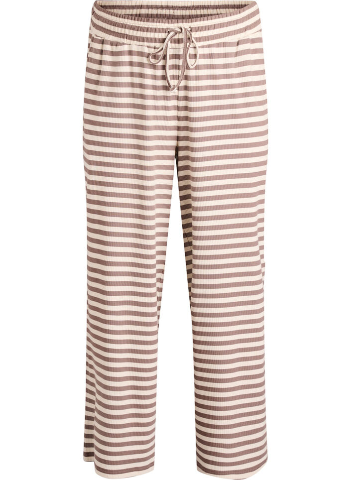 Gestreepte pyjamabroek met een high waist en wijde pijpen, Beige, Packshot image number 0