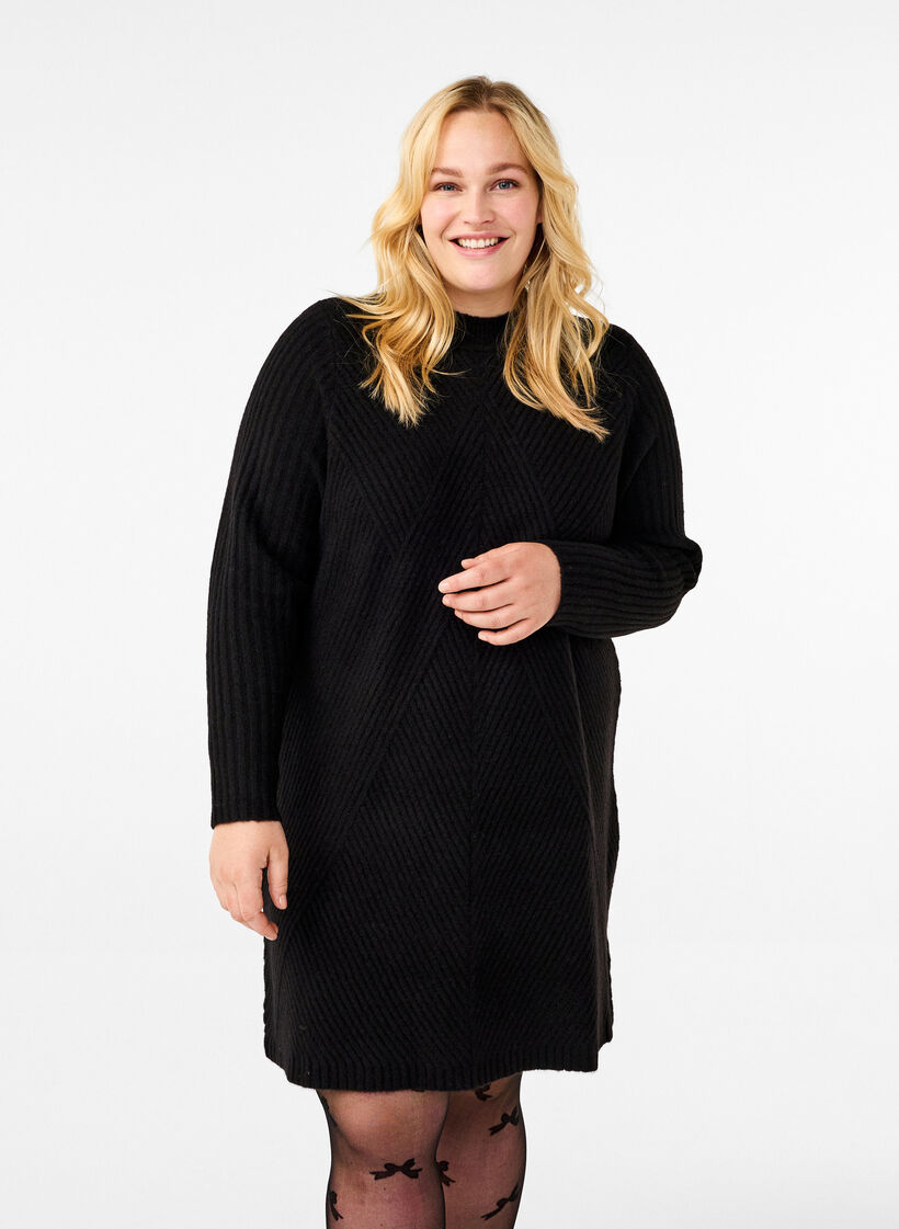 Korte geribde jurk met ronde hals, Black, Model image number 0