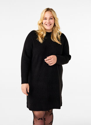 Korte geribde jurk met ronde hals - Main Image