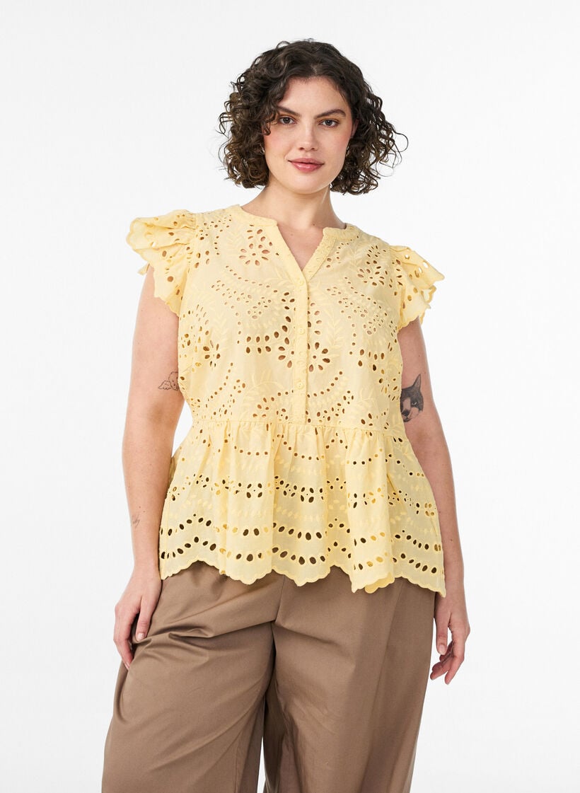 Blouse sans manches en broderie anglaise avec volants, Jaune clair, Model image number 0