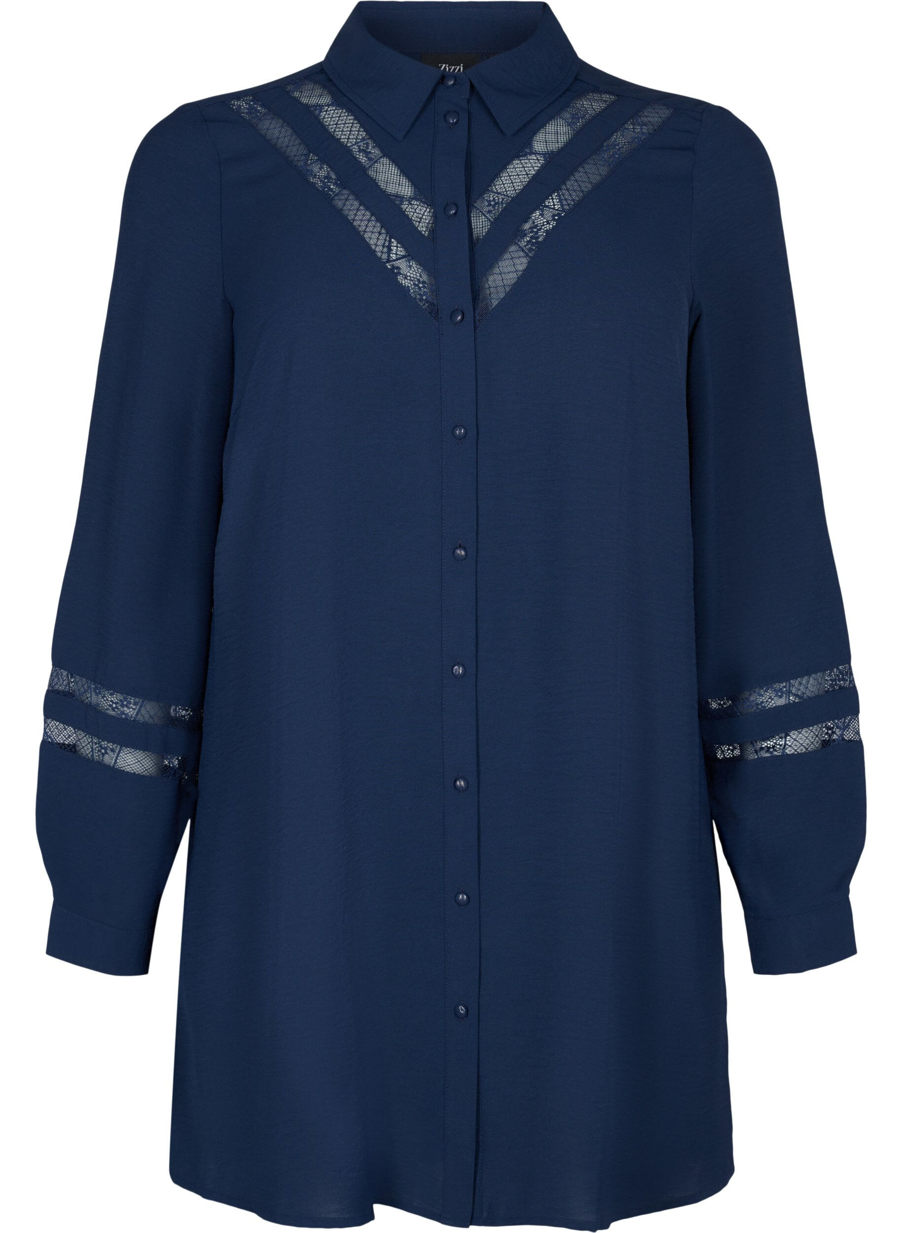 Zizzi Chemise longue avec d&eacute;tails en dentelle, Navy Blazer, Packshot image number 0
