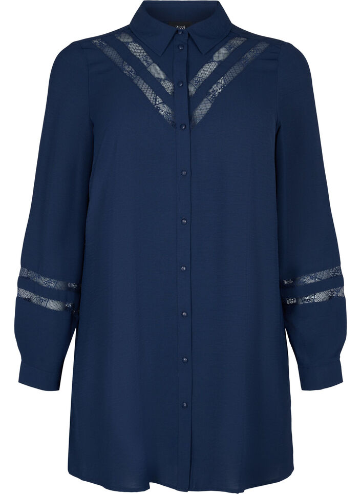 Lang shirt met kanten details, Navy Blazer, Packshot image number 0