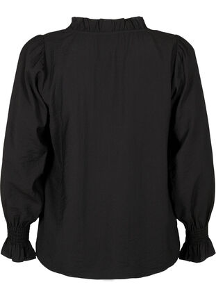 Lange-mouwen viscose blouse met ruche details, Black, Packshot image number 1