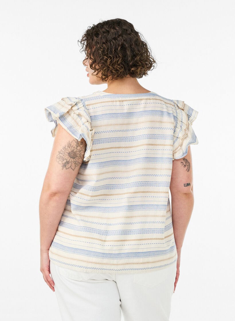 Mouwloze blouse met ruches en gestreept patroon, Vanille, Model image number 2