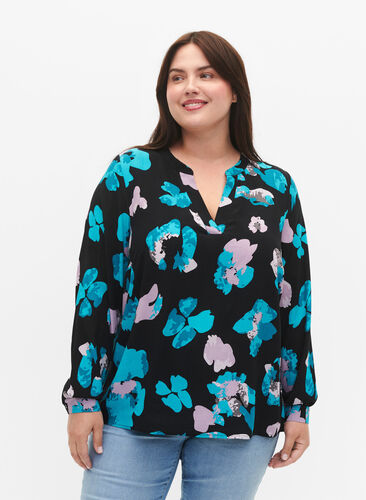 Lange mouw viscose blouse met print, Blue AOP, Model image number 0