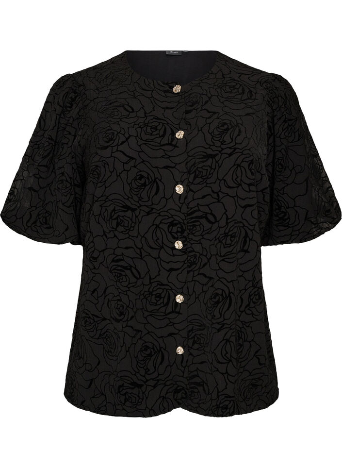 Blouse met bloemenpatroon en ballonmouwen, Zwart, Packshot image number 0