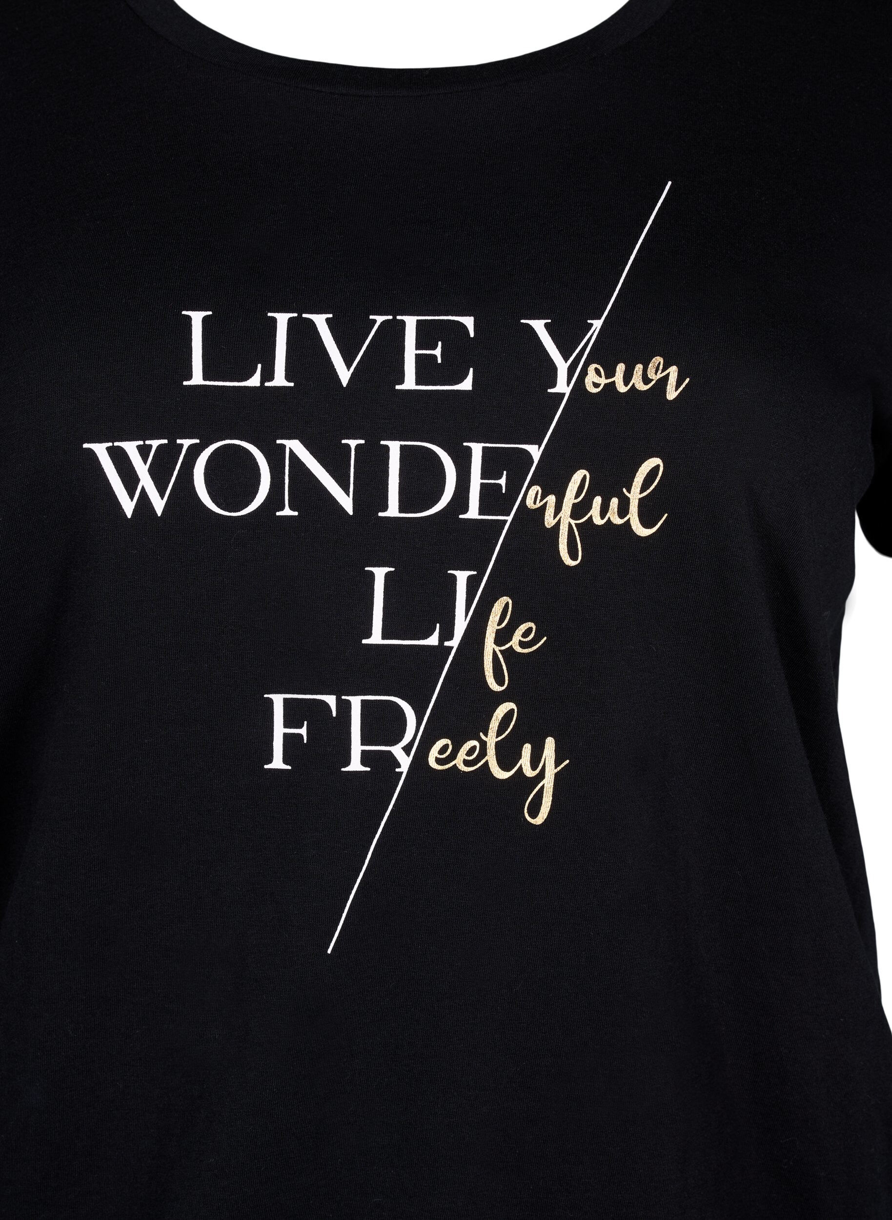 ZizziKatoenen t-shirt met korte mouwen en elastische rand, Black w. Live, Packshot image number 2