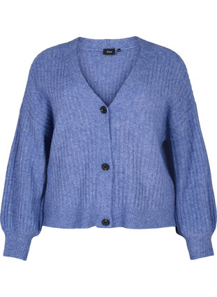 Cardigan mélangé en tricot côtelé, Gray Blue Mel., Packshot image number 0