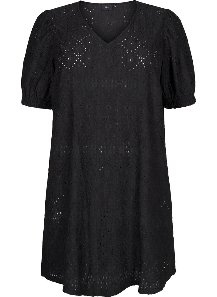 Robe courte avec col en V et motifs à trous, Black, Packshot image number 0