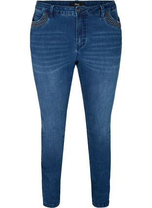 Nille jeans met hoge taille en klinknagels, Medium Blue denim, Packshot image number 0