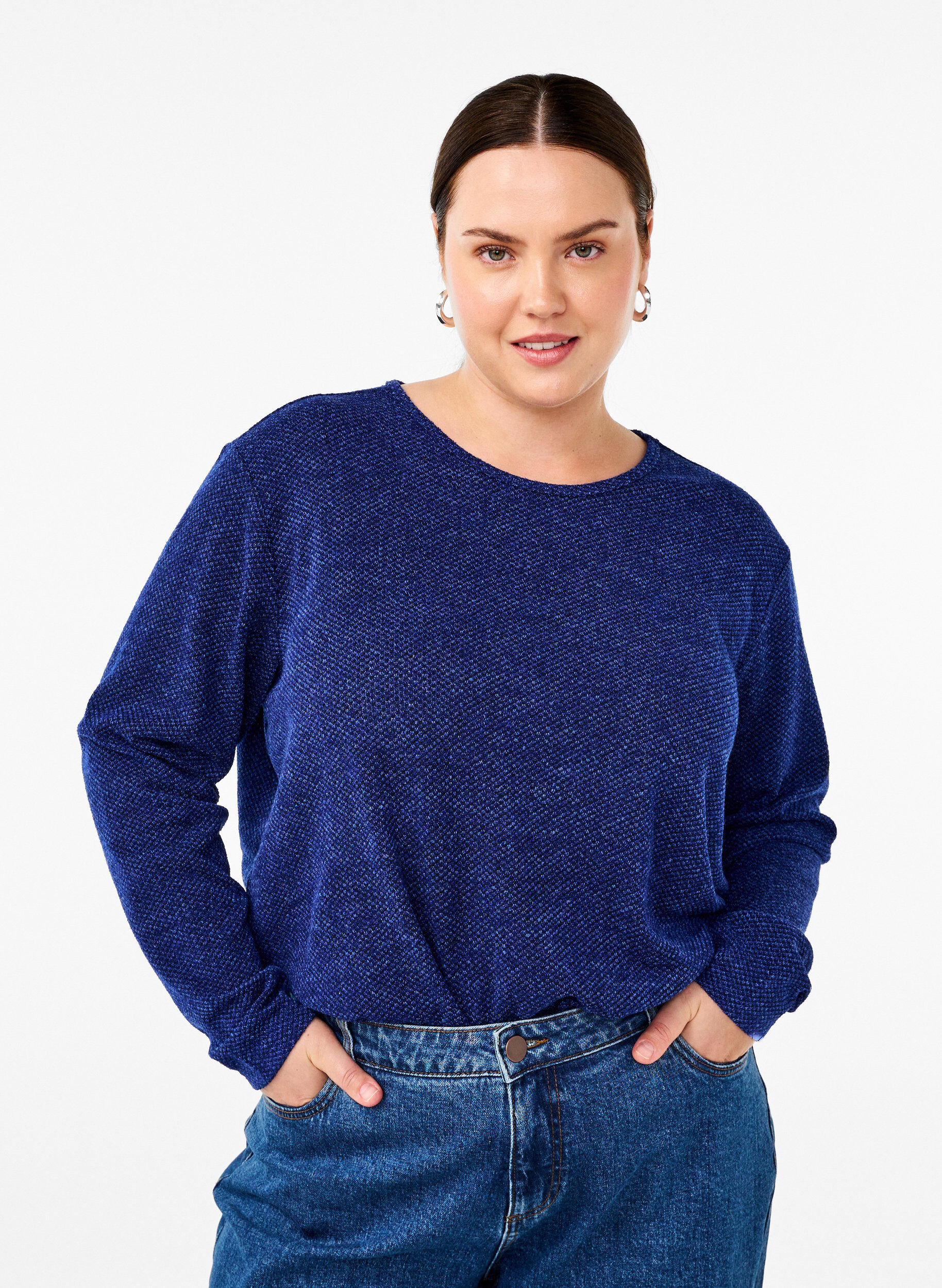 ZizziMelange Blouse met een rond halsje en lange mouw, Sodalite Blue, Model image number 0