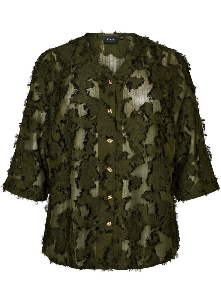Blouse met rafelige draden en textuur, Groen, Packshot image number 0