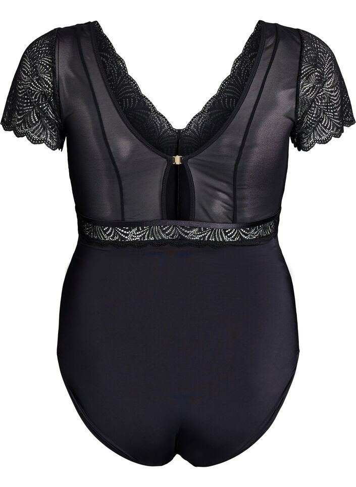 Bodystocking met kanten en korte mouwen, Zwart, Packshot image number 1