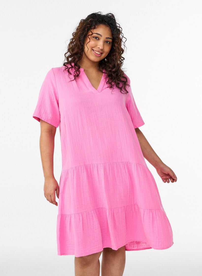 Robe courte &eacute;vas&eacute;e en mousseline de coton, Rose, Model image number 0