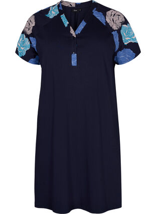 Chemise de nuit en coton à manches courtes avec détails imprimés, Blue Flower, Packshot image number 0