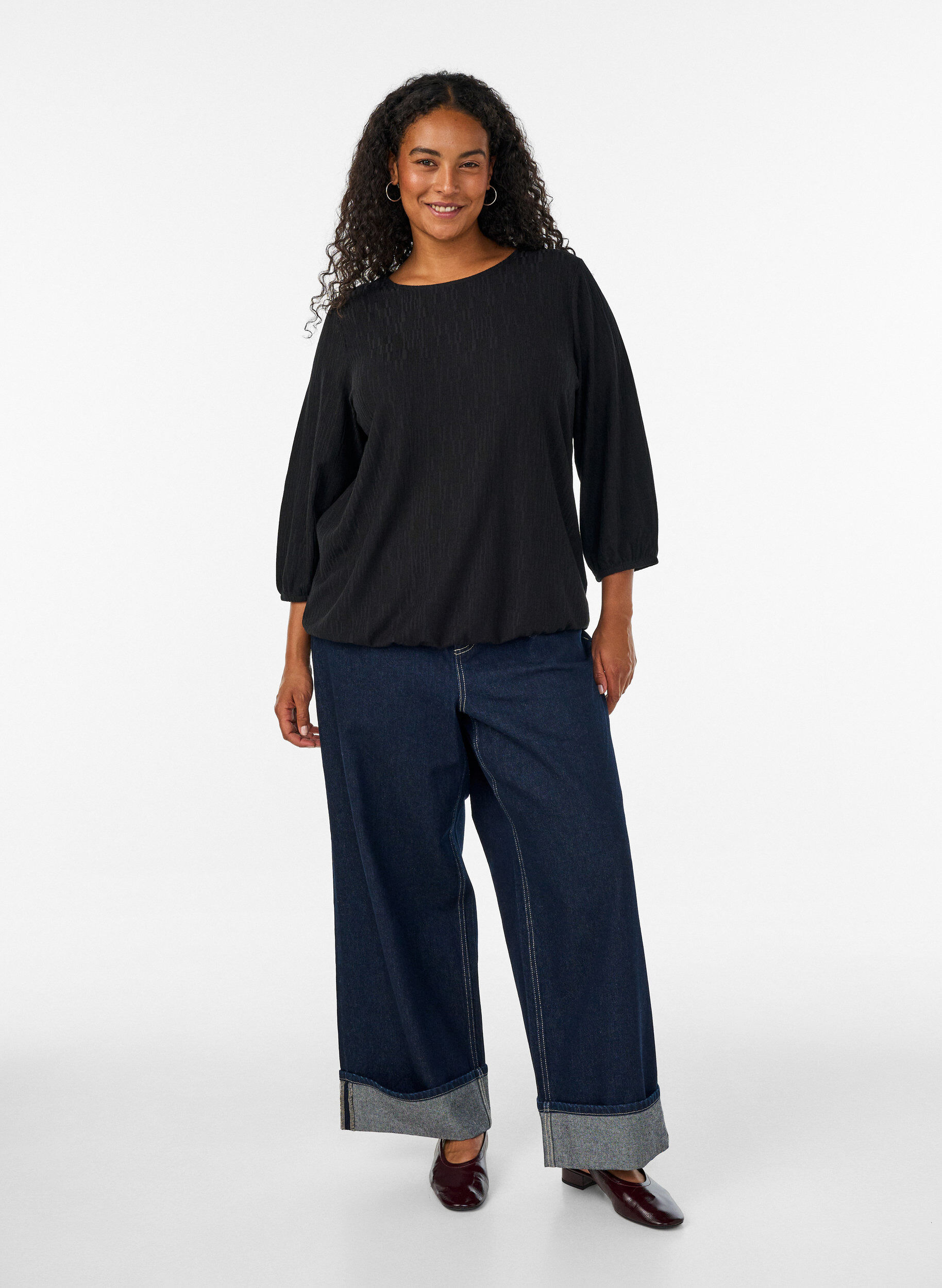 ZizziBlouse met textuur en 3/4 mouwen, Zwart, Model image number 1