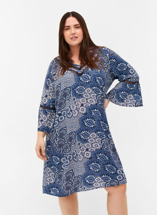 Viscose jurk met 3/4 mouwen en print, Asian Blue print, Model image number 0