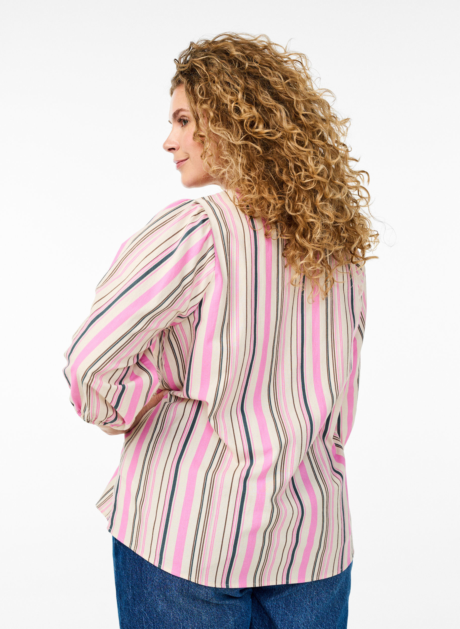 Zizzi3/4 mouw blouse in katoen met strepen, Vanille, Model image number 2