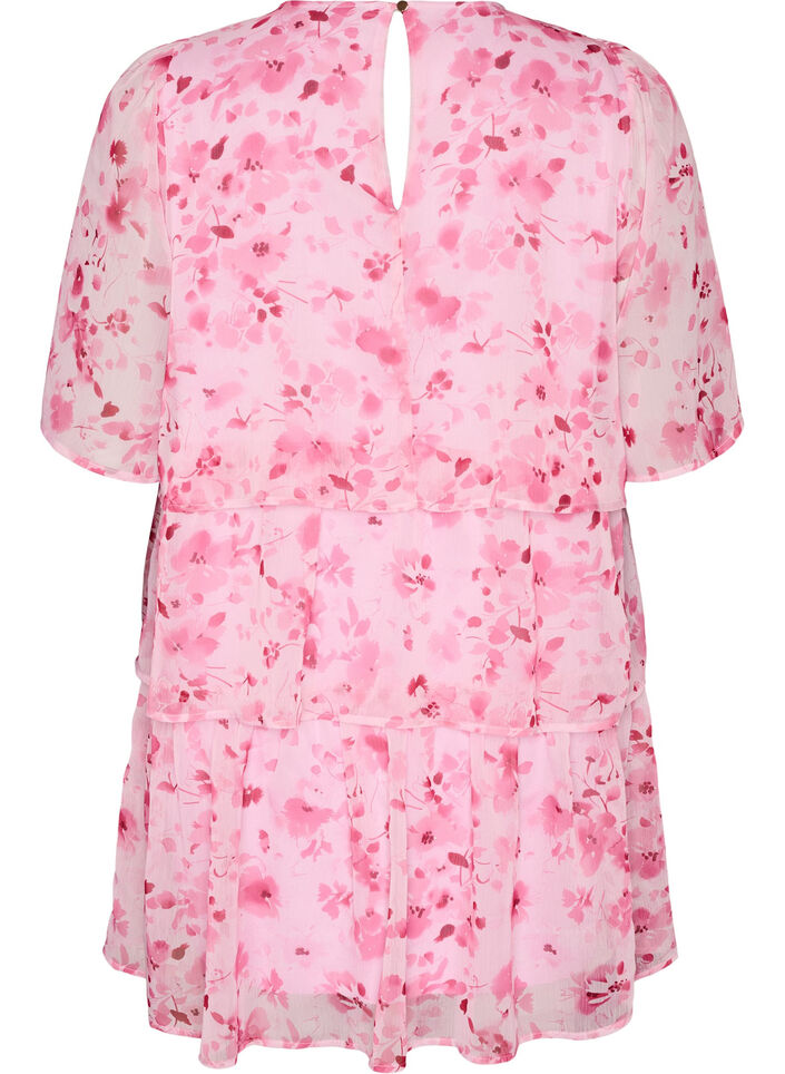 Korte jurk met chiffonlook, bloemenprint en volantlagen, Roze, Packshot image number 1