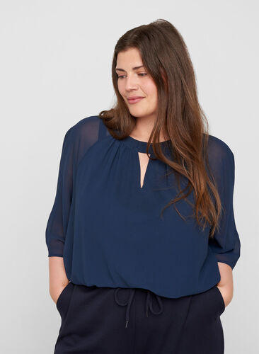 Chiffon blouse met 3/4 mouwen, Navy Blazer, Model image number 0