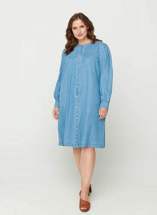 Denim jurk met pofmouwen en lange mouwen, Blue denim ASS, Model image number 2