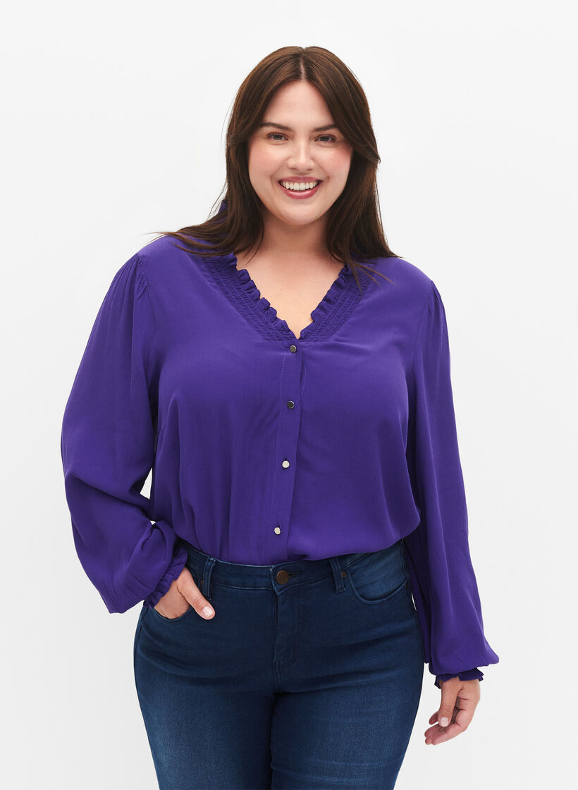 Blouse &agrave; manches longues en viscose, Heliotrope, Model image number 0