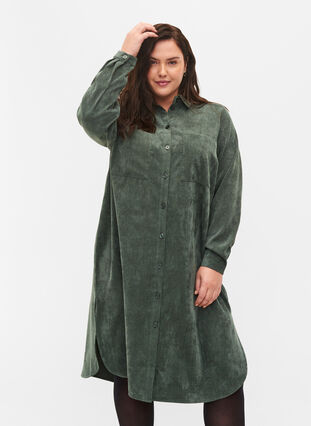 Robe chemise en velours, Deep Forest, Model image number 0