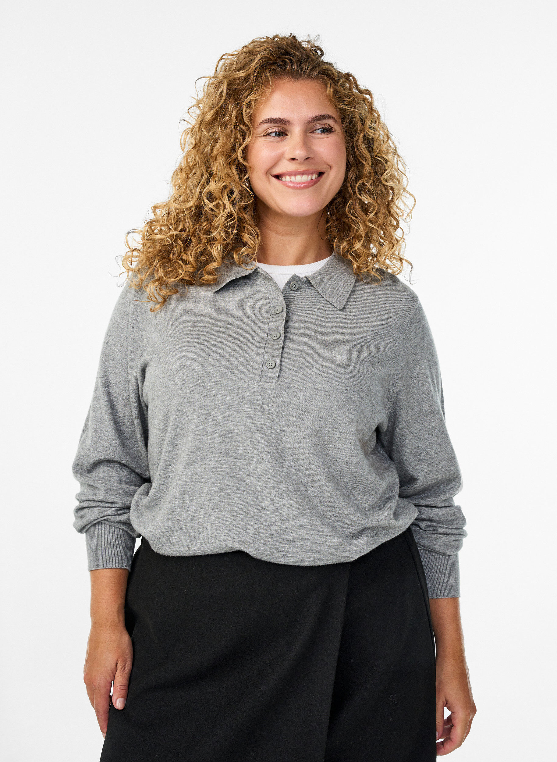 Strik blouse met kraag, Grijs, Model
