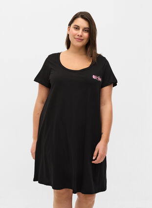 Chemise de nuit en coton à manches courtes , Black Pink BE MY, Model image number 0