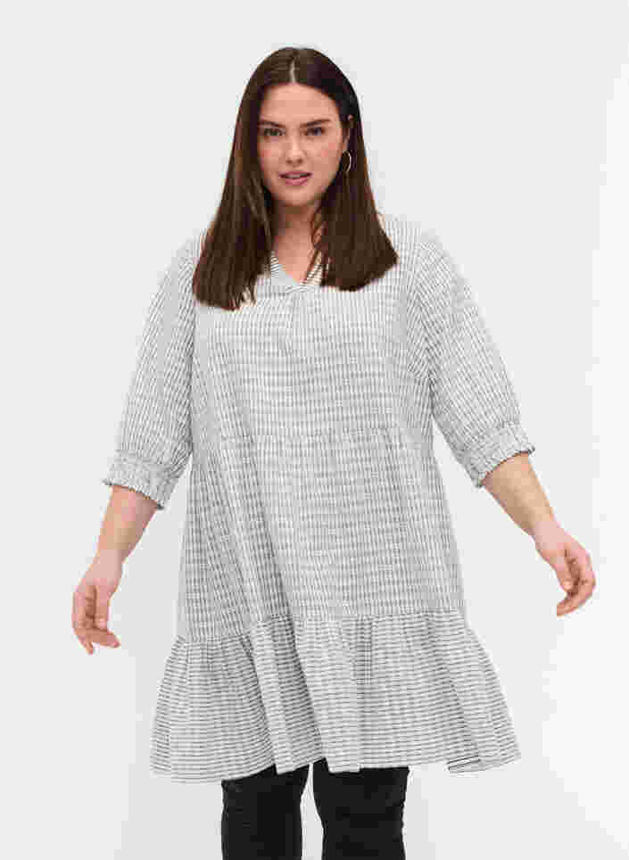 Gedessineerde katoenen jurk met 3/4-mouwen en smokwerk, White Check, Model image number 0
