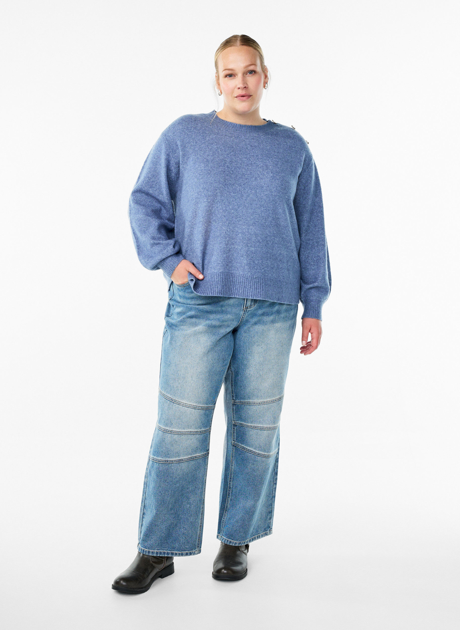 ZizziBreisel blouse met knoopdetail, Blauw, Model image number 1