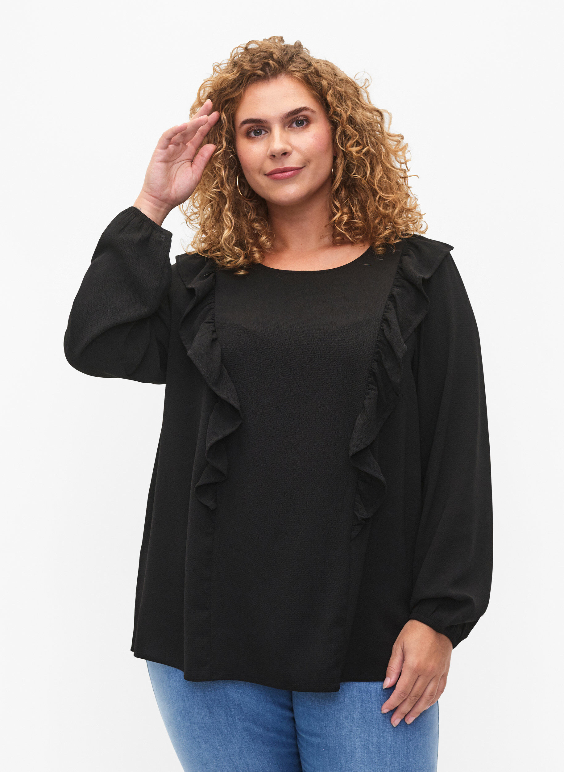 ZizziBlouse met lange mouwen en ruches, Black, Model image number 0