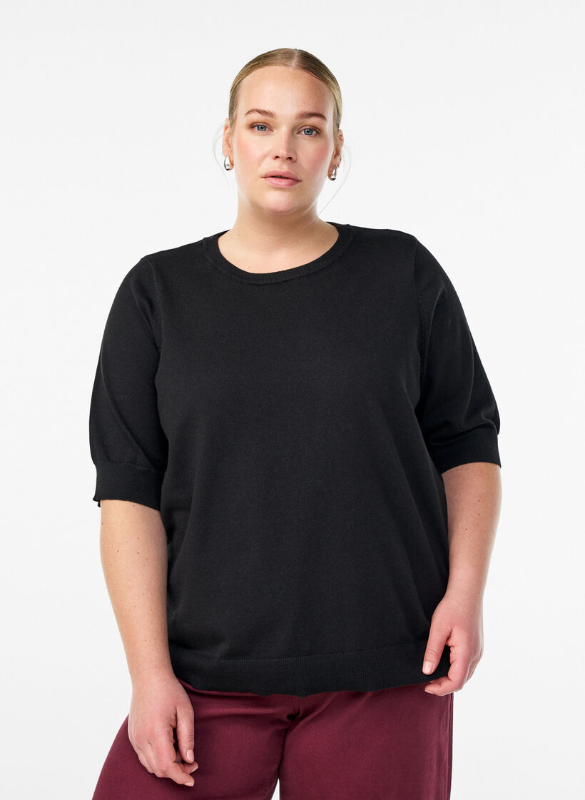 Fijngebreide blouse met korte mouwen, Zwart, Model image number 0