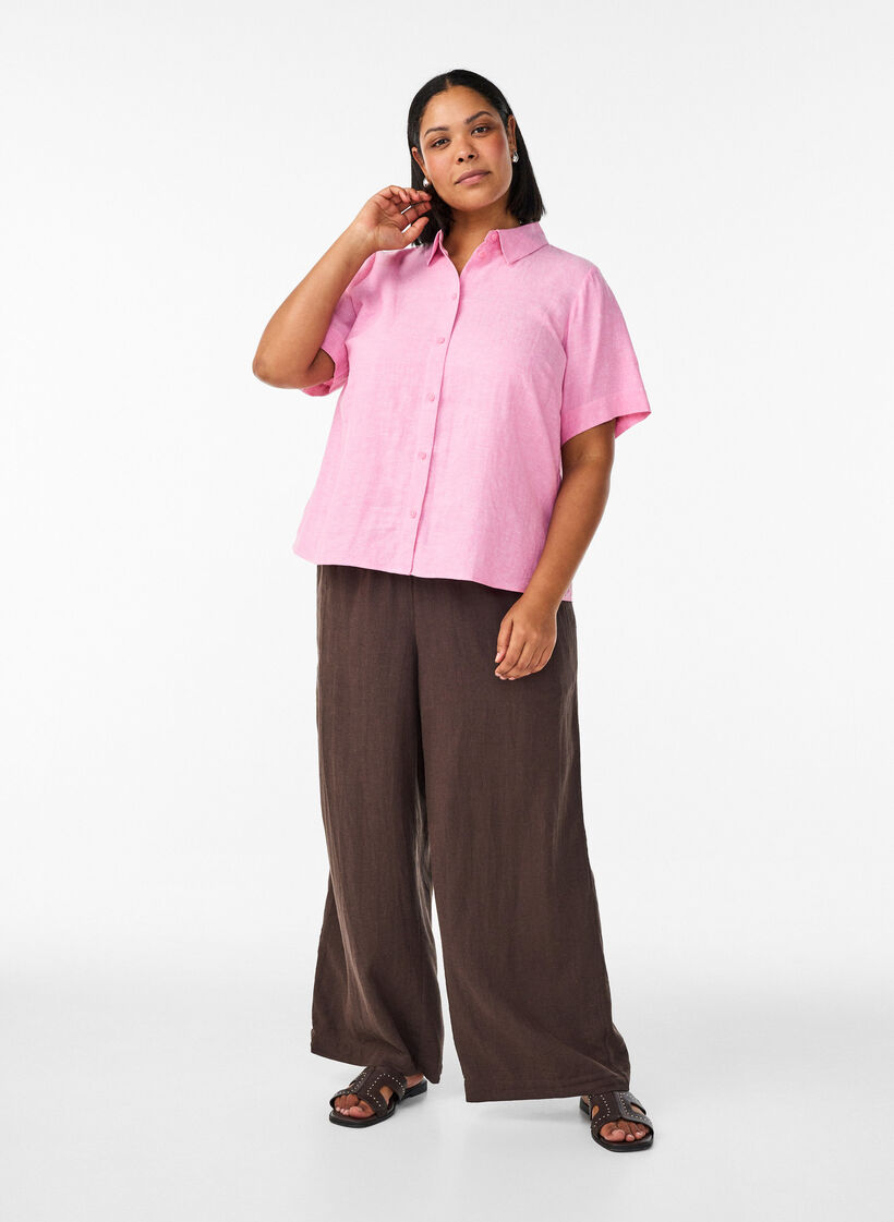 Shirt met korte mouwen in linnen en viscose, Roze, Model image number 1