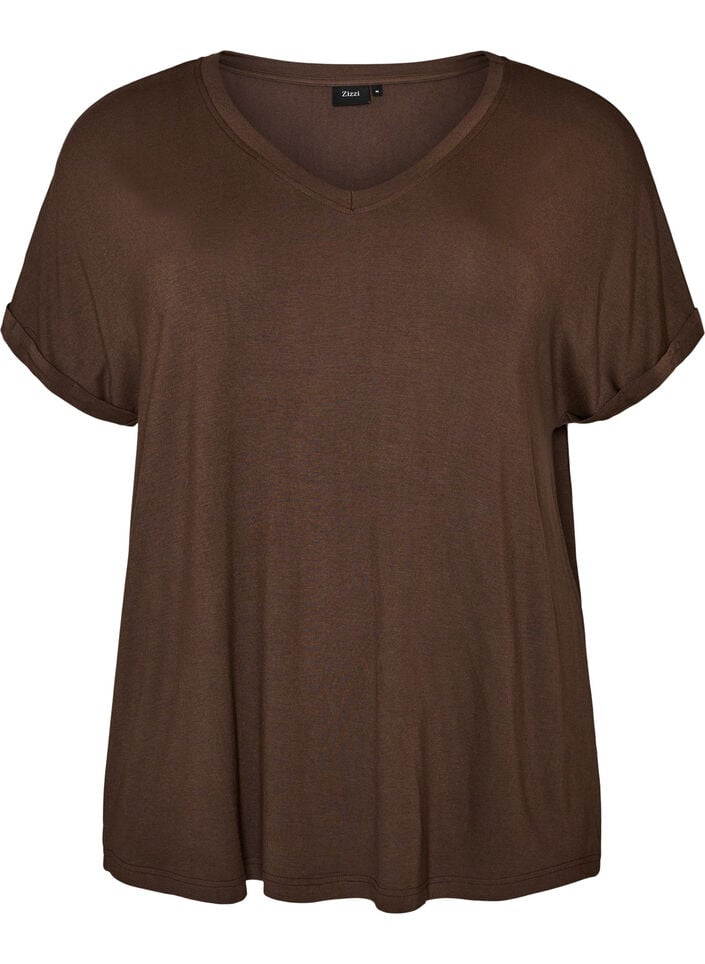 Basic T-shirt met V-hals van viscose, Bruin, Packshot image number 0