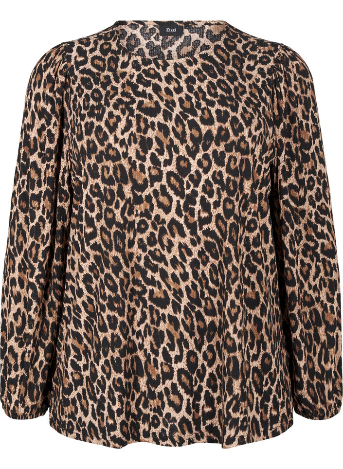 Blouse met lange mouwen en luipaardprint, Bruin, Packshot image number 0