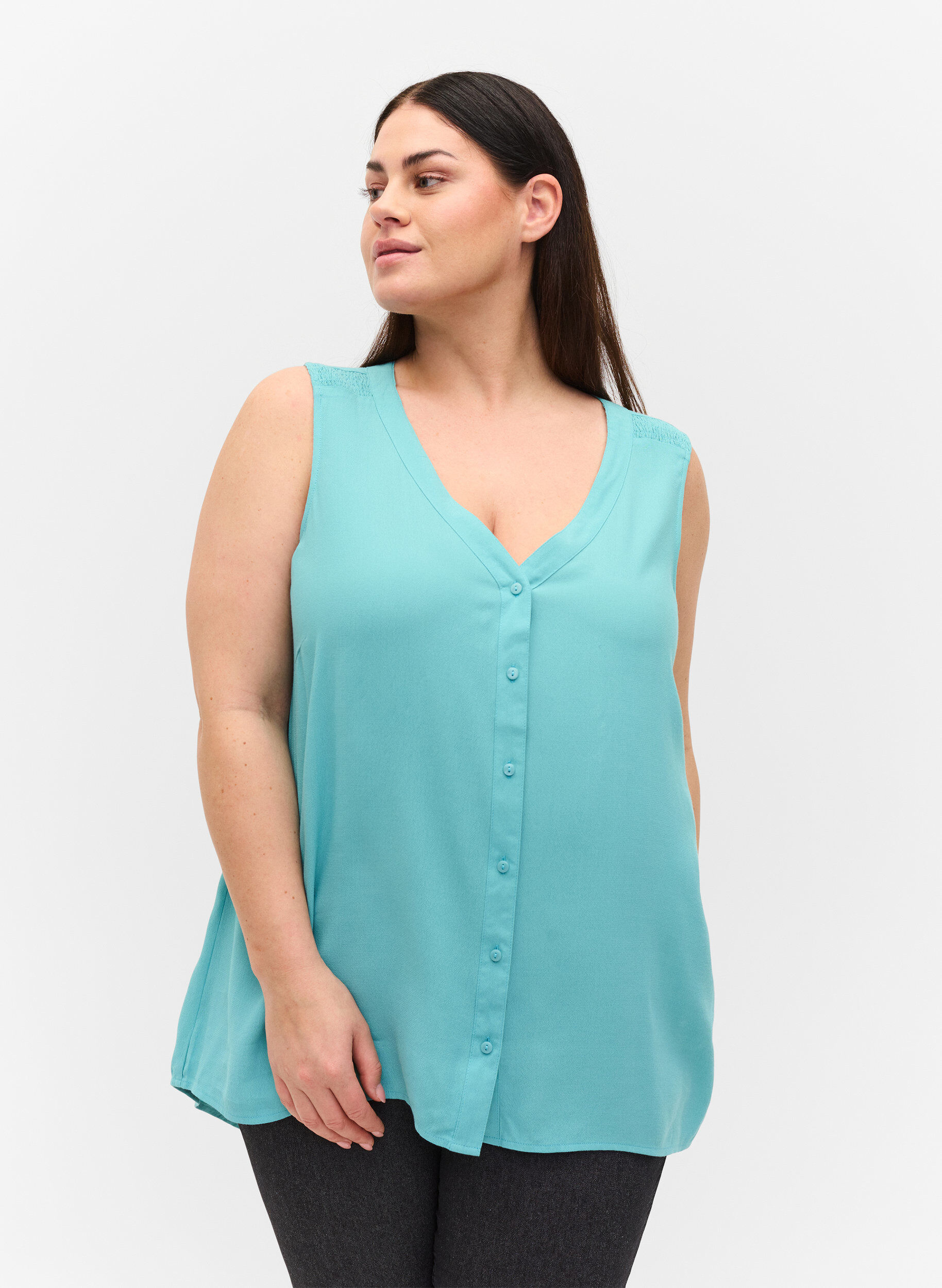 ZizziViscose top met  knopen, Aqua Sea, Model image number 0